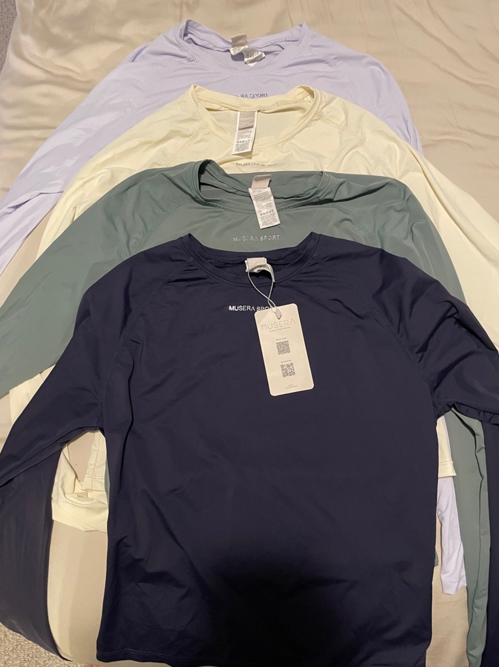 Musera Sport Long-Sleeve Performance Tees in Navy, Sage, Cream, Lavender
